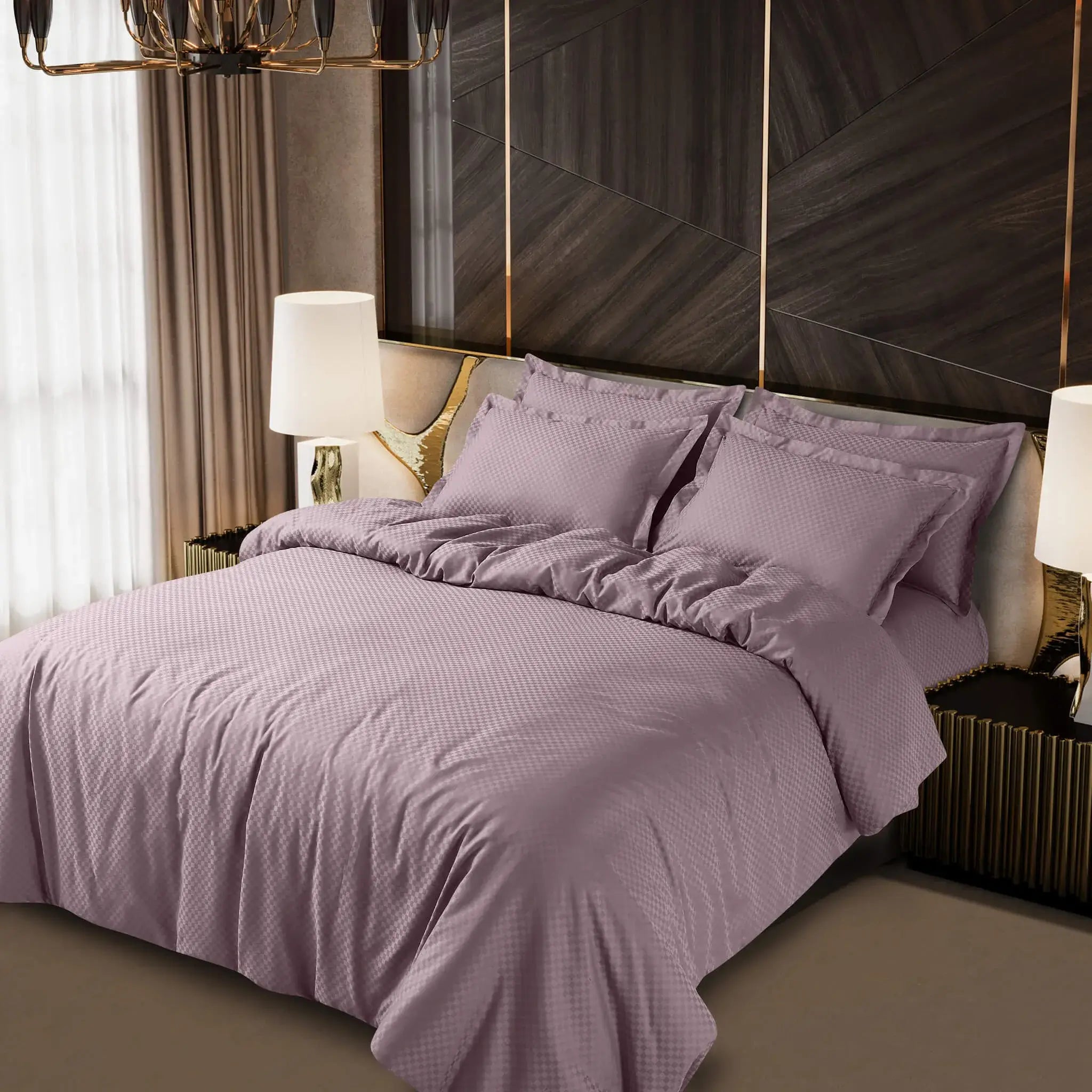 Malako Lyon Jacquard Checks 450 TC 100% Cotton King Size Bed Sheets & Duvet Covers