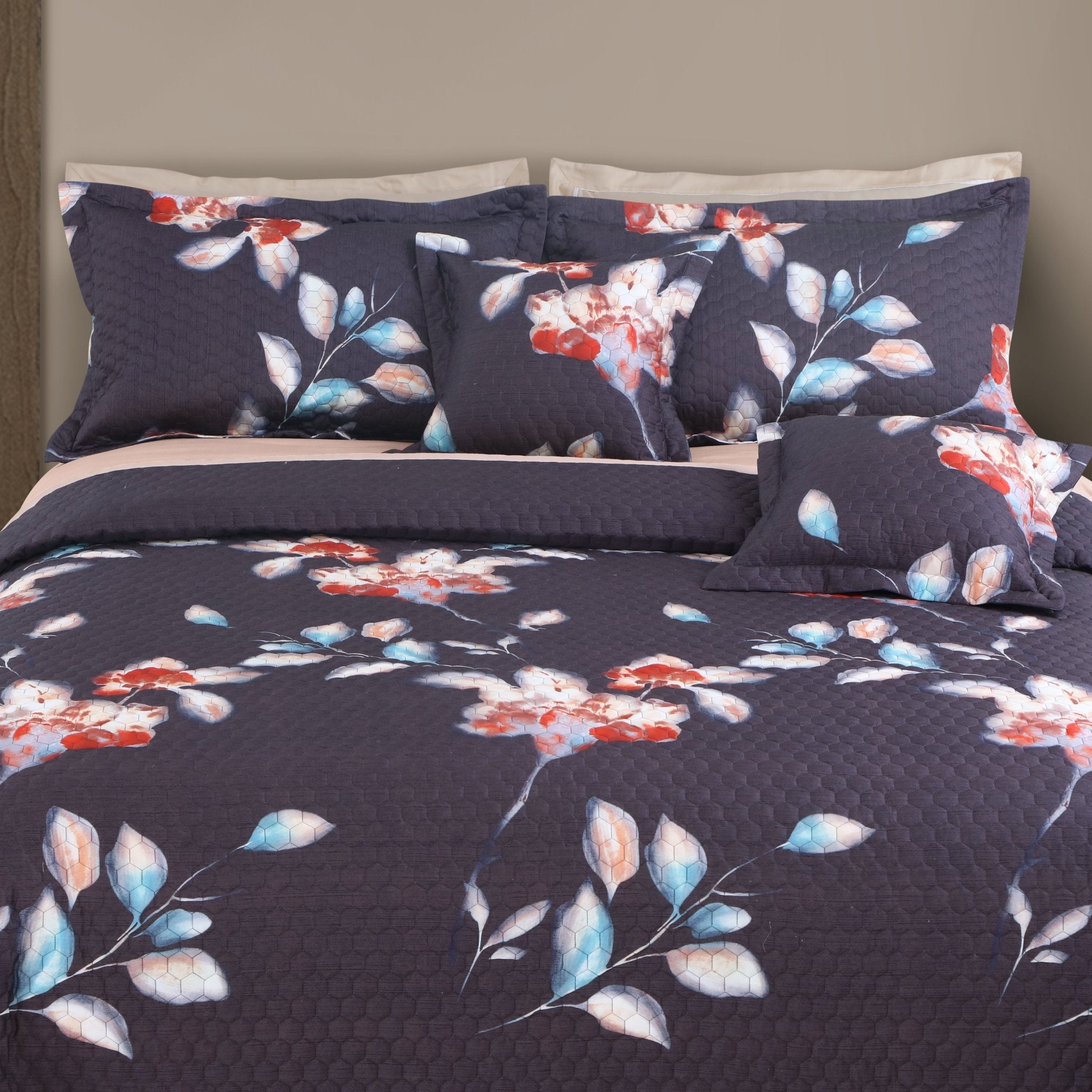 Malako Royale 100% Cotton Deep Grey Botanical King Size 5 Piece Quilted Bedspread Set - MALAKO