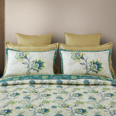 Malako Fleur 100% Cotton Green Botanique King Size Quilted Bedspread/Bedding Set