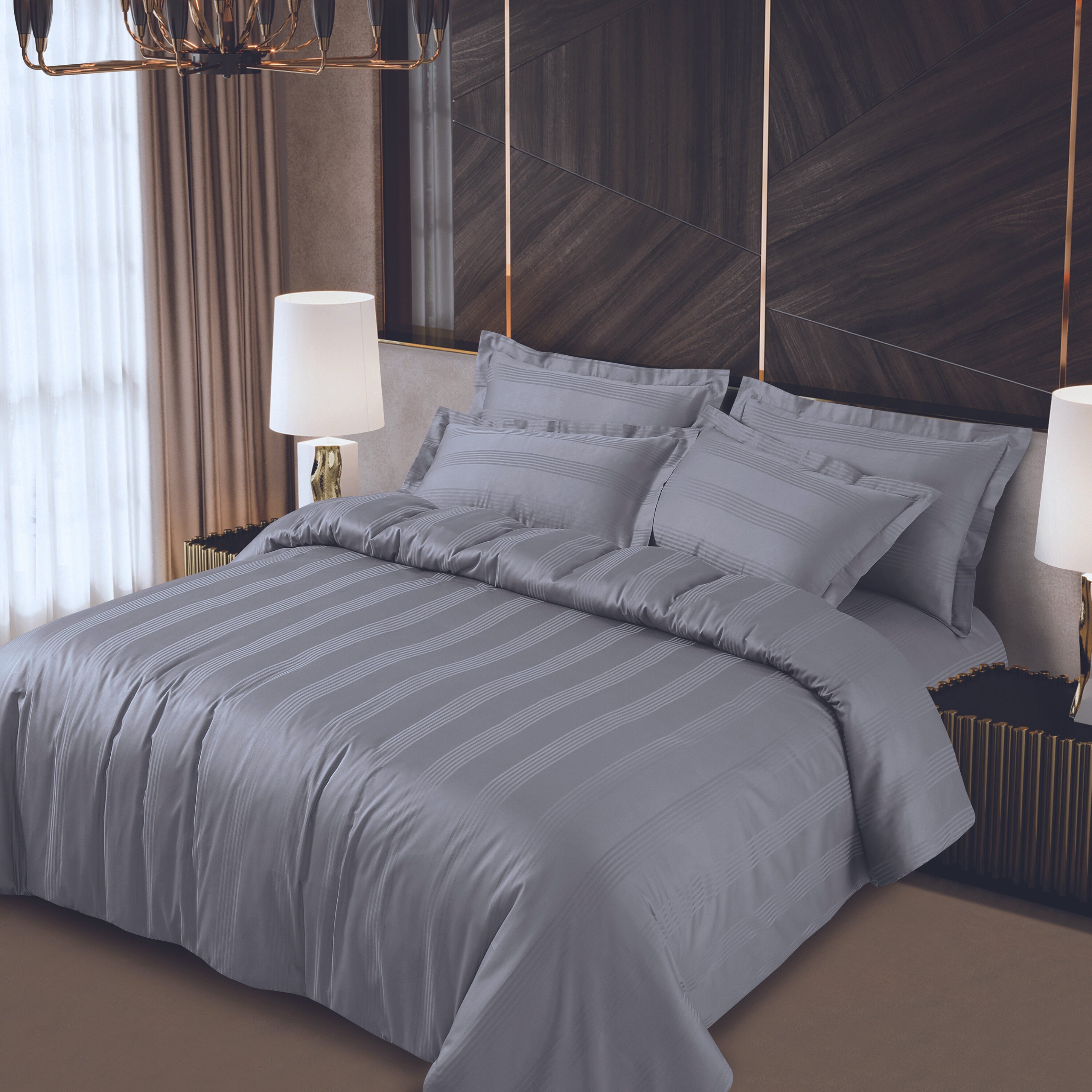 Malako Turin Jacquard Grey Stripes 500TC 100% Cotton King Size Bed Sheet with 2 Pillow Covers