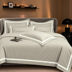 Malako Luxe Striped 550TC Olive Beige 100% Cotton Super King Size Duvet Cover Set with Bedsheet and 4 Pillow Covers