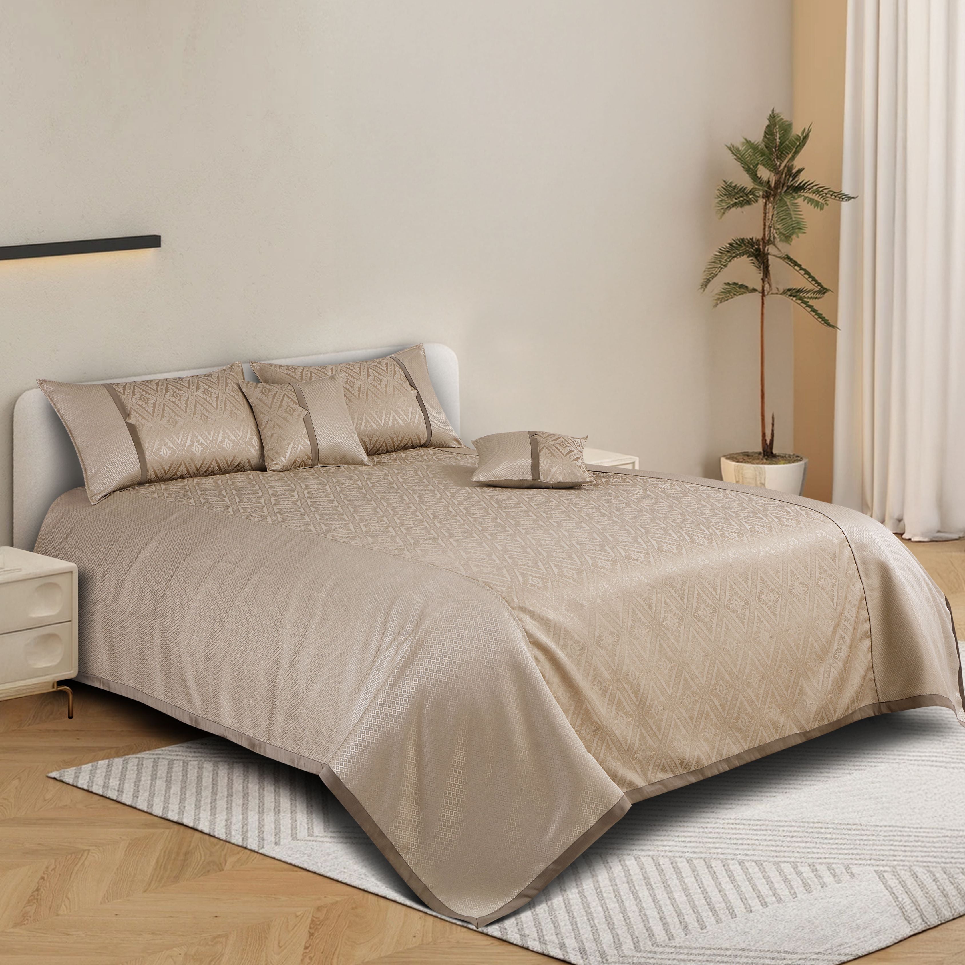 Malako Beige Jacquard King Size 5 Piece Bedspread Set