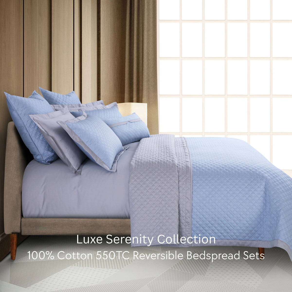 Malako Luxe: Serenity 550 TC 100% Cotton Pigeon Blue & Silver Solid King Size Reversible Bedspread Set