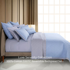 Malako Luxe: Serenity 550 TC 100% Cotton Pigeon Blue & Silver Solid King Size Reversible Bedspread Set