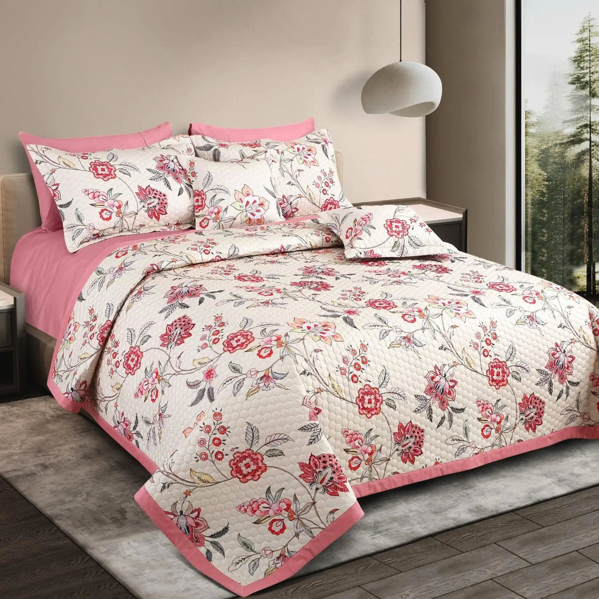 Malako Royale 100% Cotton Fohn Floral King Size 5 Piece Quilted Bedspread Set