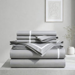 Malako Luxe Striped 550TC Silver Grey 100% Cotton Super King Size Duvet Cover Set with Bedsheet and 4 Pillow Covers