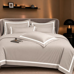 Malako Luxe Striped 550TC Beige 100% Cotton Super King Size Duvet Cover Set with Bedsheet and 4 Pillow Covers