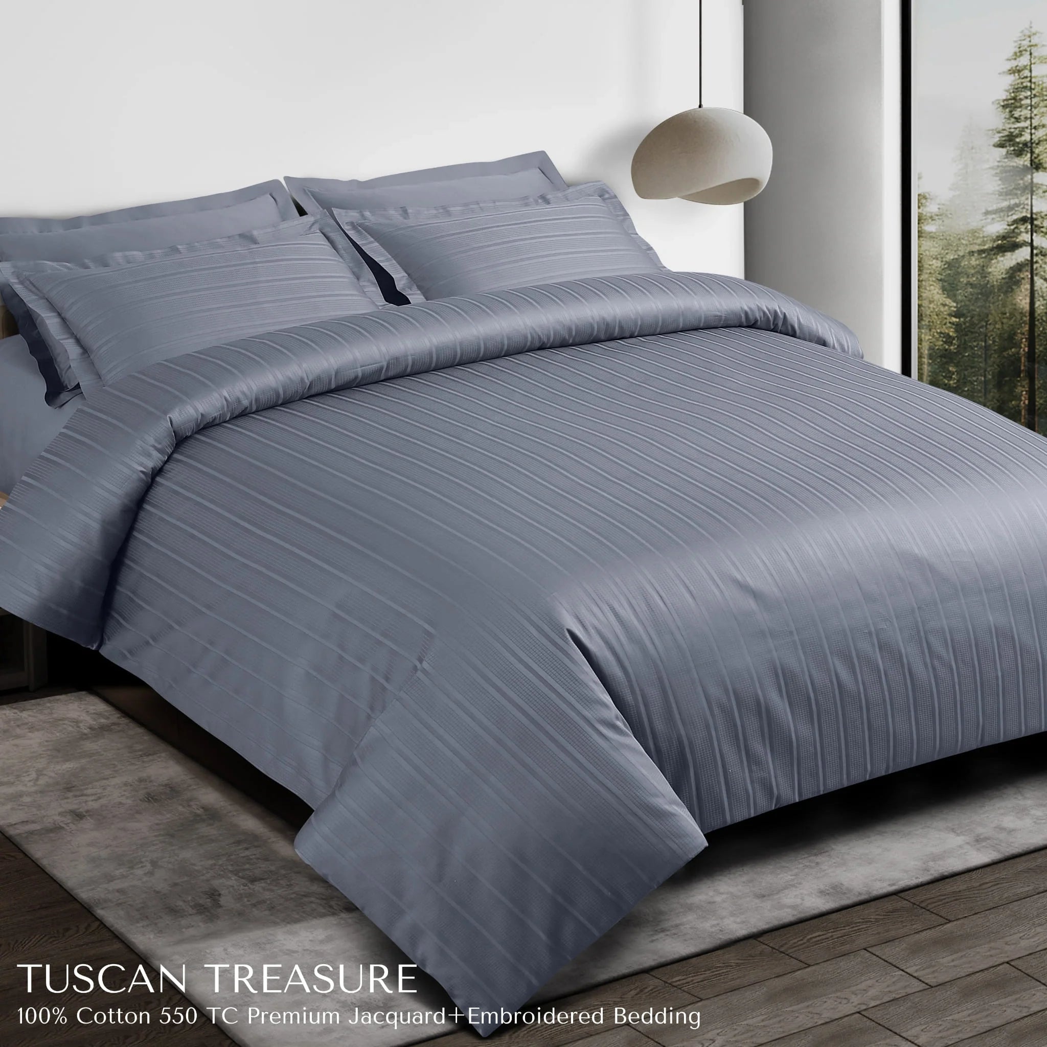 Malako Tuscan Treasure Striped Jacquard Grey 550 TC 100% Cotton King Size Duvet Cover Set
