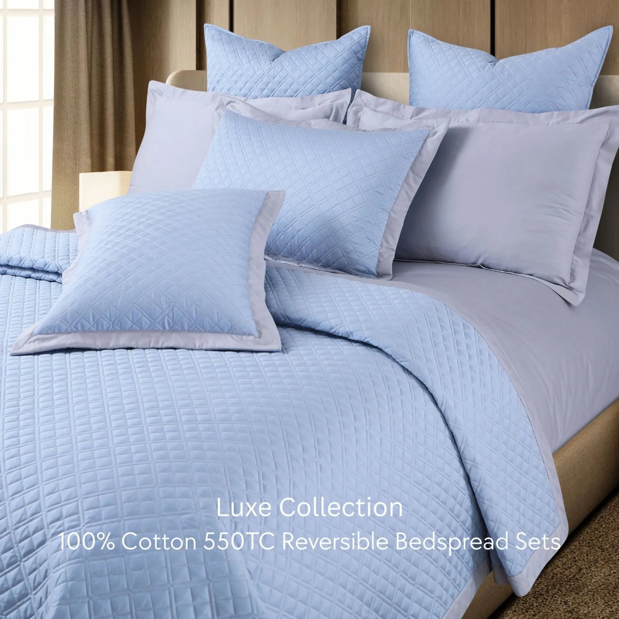 Malako Luxe 550 TC 100% Cotton Pigeon Blue & Silver Solid King Size Reversible Bedspread Set
