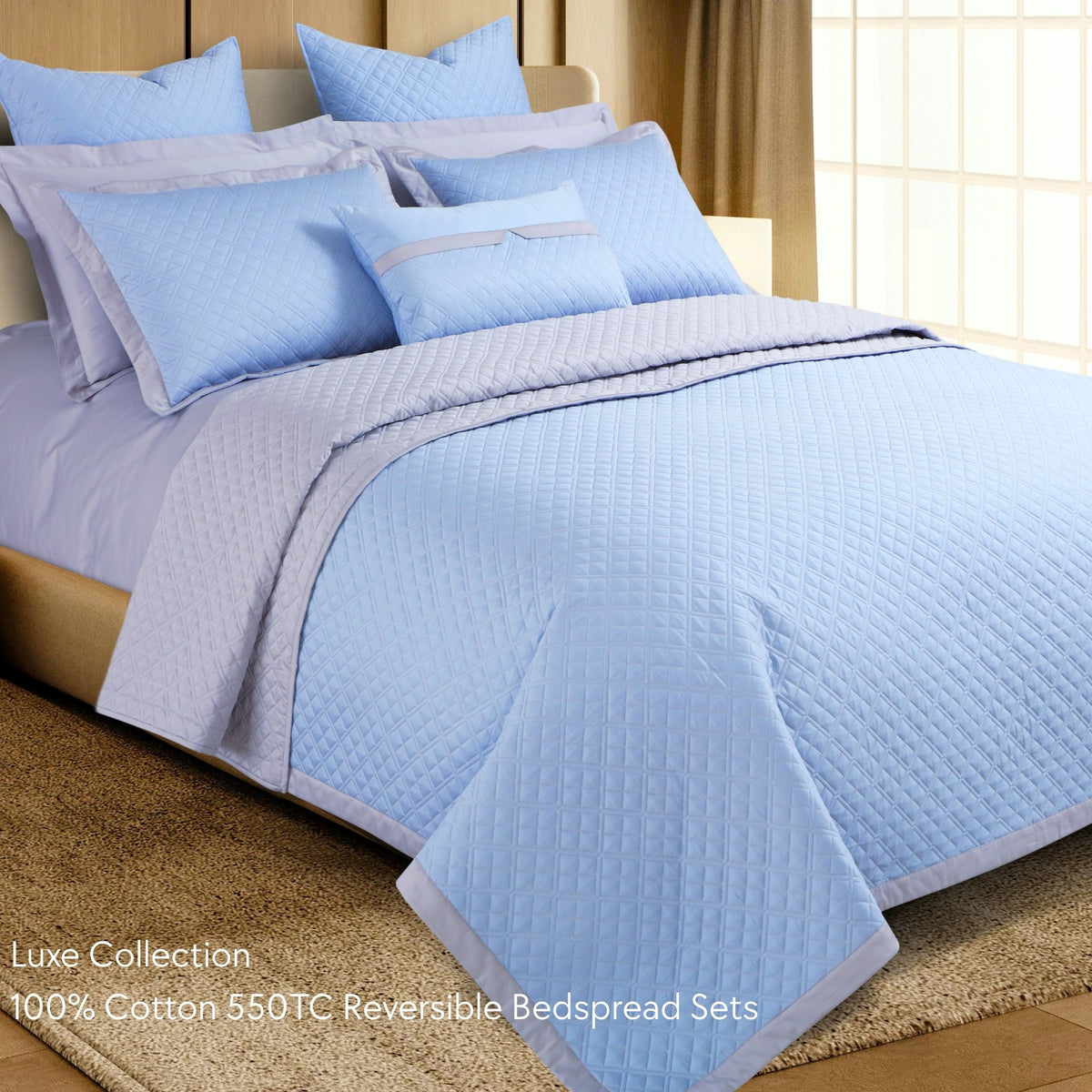 Malako Luxe 550 TC 100% Cotton Pigeon Blue & Silver Solid King Size Reversible Bedspread Set