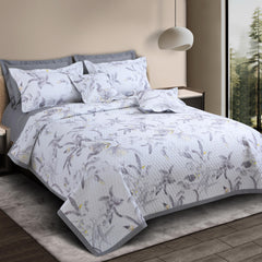 Malako Royale 100% Cotton Milk White Botanic King Size 5 Piece Quilted Bedspread Set