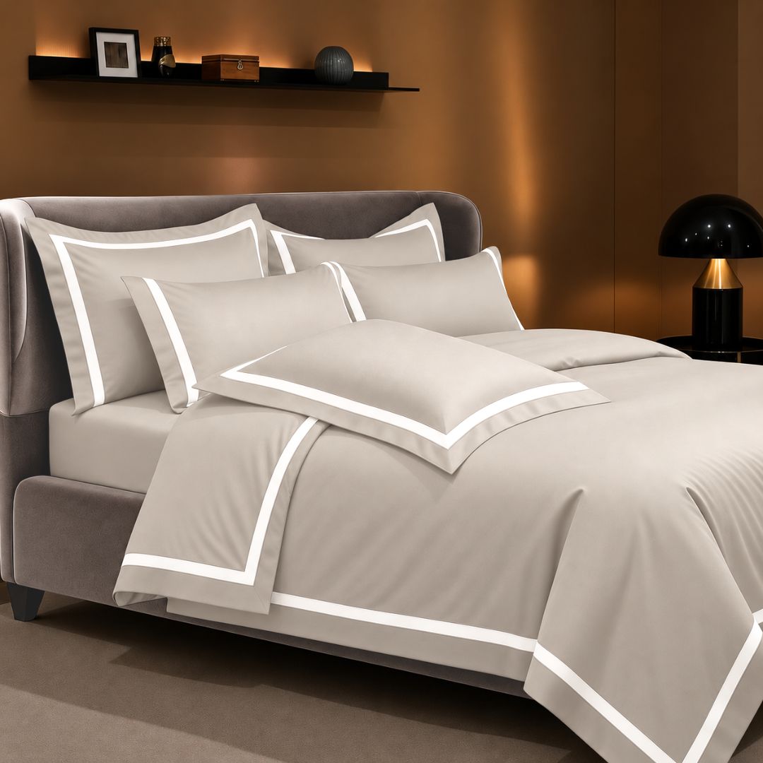 Malako Luxe Striped 550TC Beige 100% Cotton Super King Size Duvet Cover Set with Bedsheet and 4 Pillow Covers