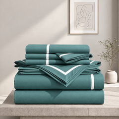 Malako Luxe Striped 550TC Teal Green 100% Cotton Super King Size Duvet Cover Set with Bedsheet and 4 Pillow Covers