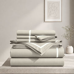Malako Luxe Striped 550TC Olive Beige 100% Cotton Super King Size Duvet Cover Set with Bedsheet and 4 Pillow Covers