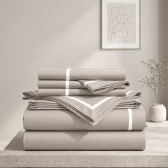 Malako Luxe Striped 550TC Beige 100% Cotton Super King Size Duvet Cover Set with Bedsheet and 4 Pillow Covers