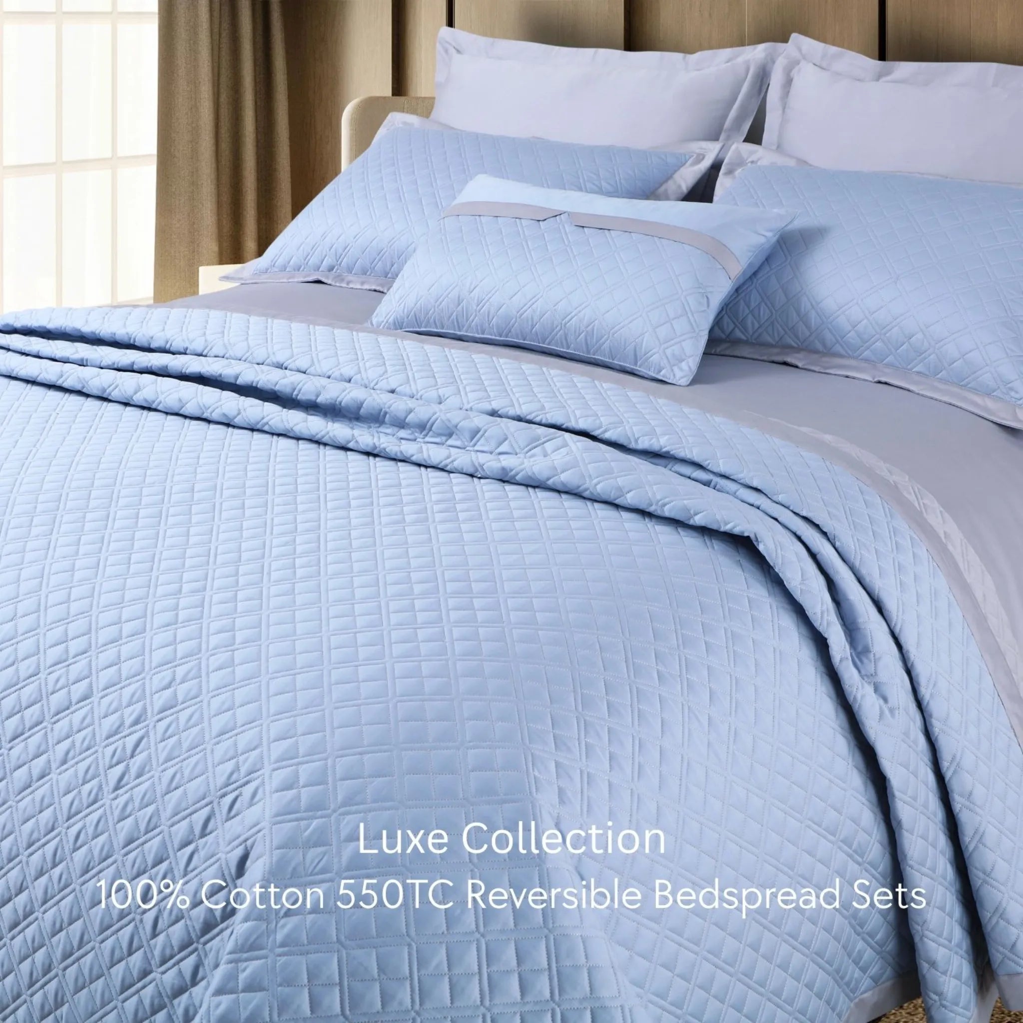 Malako Luxe 550 TC 100% Cotton Pigeon Blue & Silver Solid King Size Reversible Bedspread Set