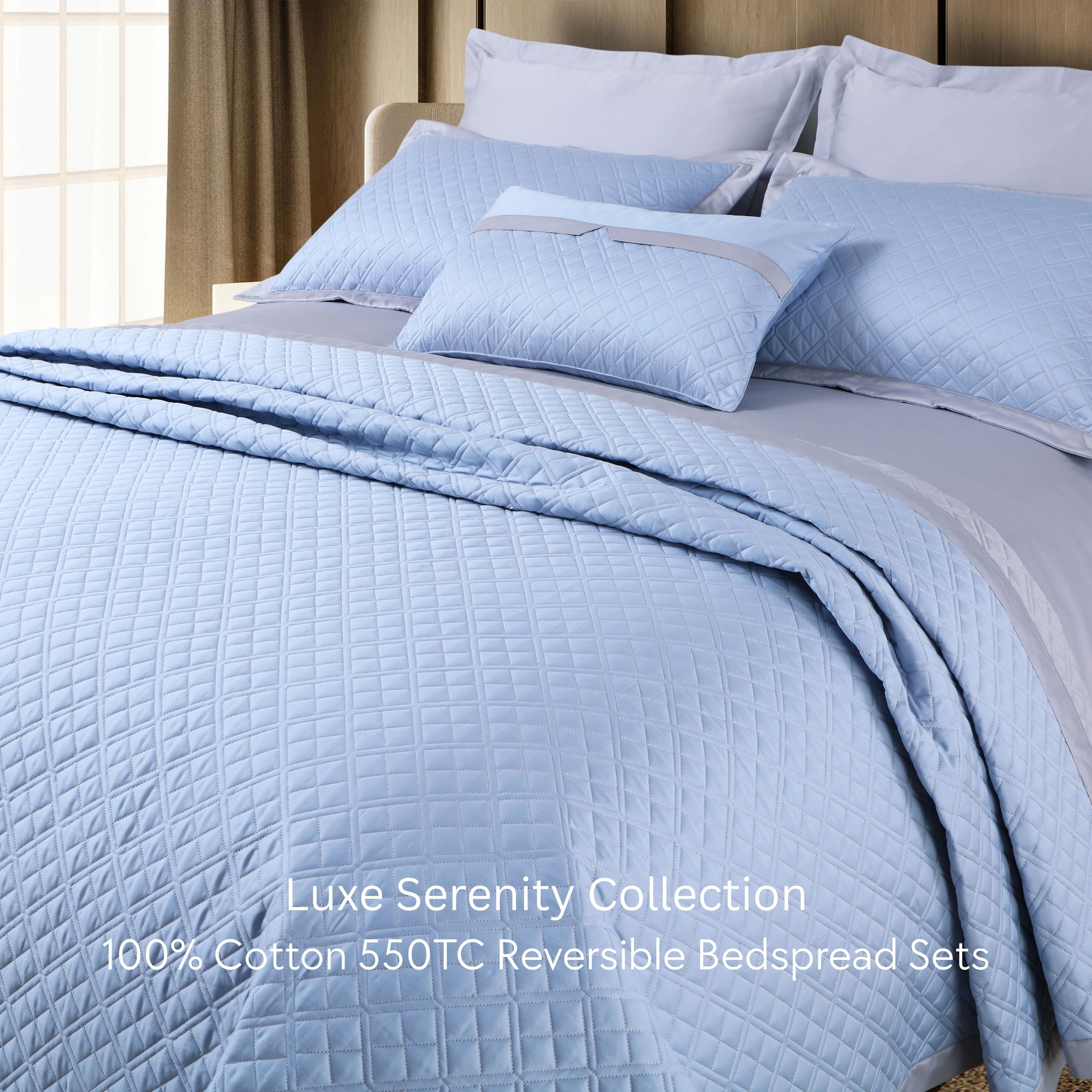Malako Luxe: Serenity 550 TC 100% Cotton Pigeon Blue & Silver Solid King Size Reversible Bedspread Set