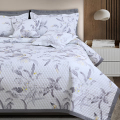 Malako Royale 100% Cotton Milk White Botanic King Size 5 Piece Quilted Bedspread Set