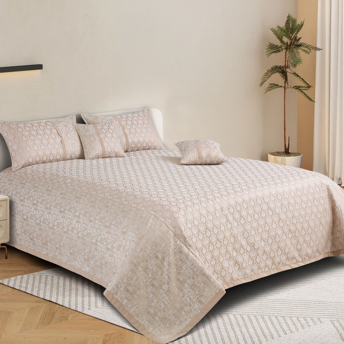 Malako Almond Beige Jacquard King Size 5 Piece Bedspread Set