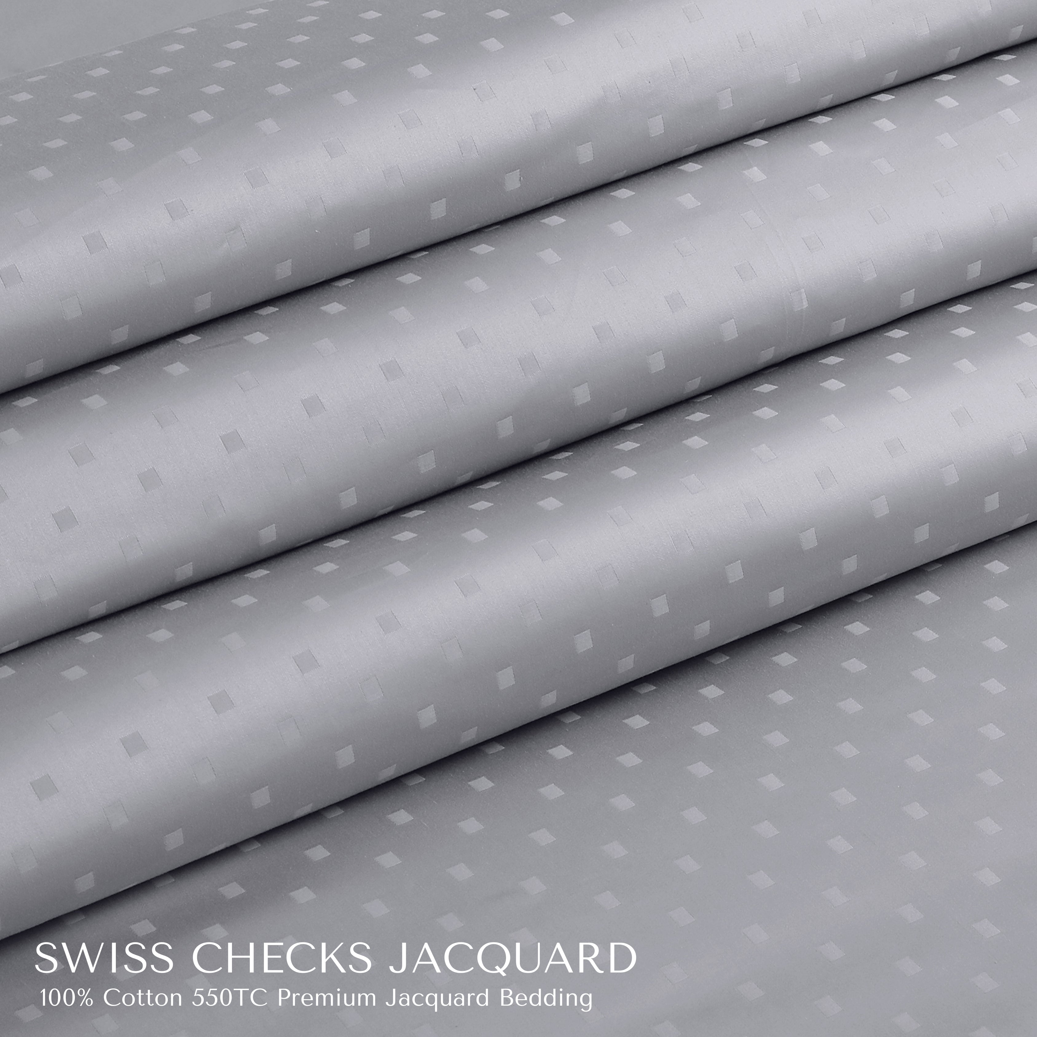 Malako Swiss Checks Jacquard Silver Grey 550 TC 100% Cotton King Size Bedding