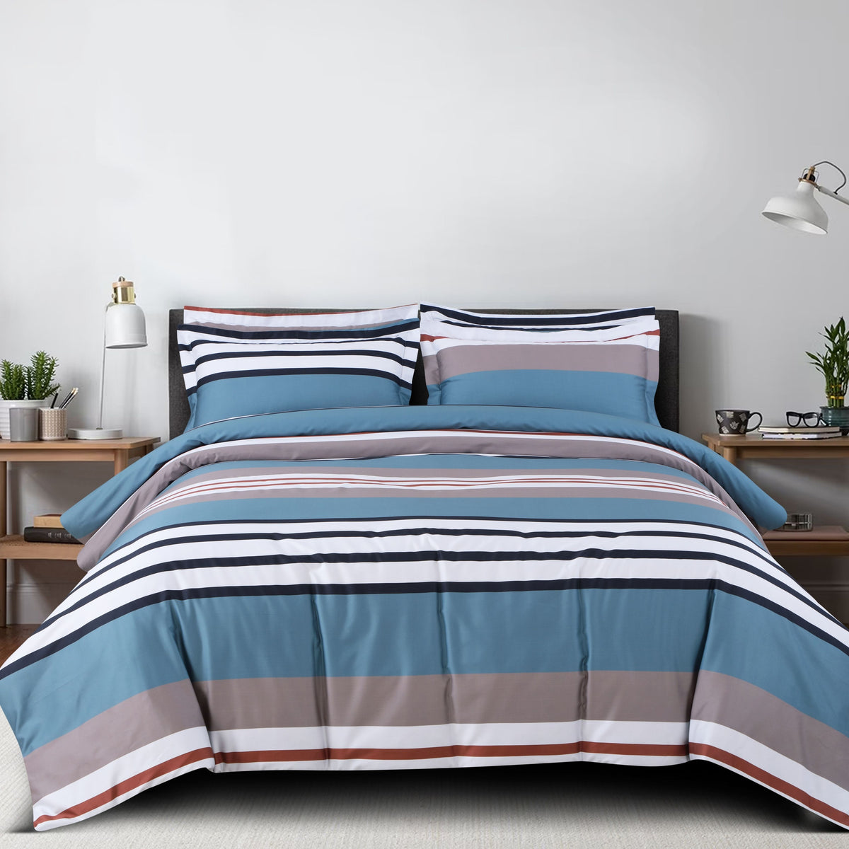 Malako Sion 100% Cotton Taupe & Blue Striped King Size Bedding