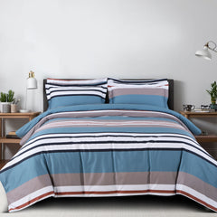 Malako Sion 100% Cotton Taupe & Blue Striped King Size Bedding