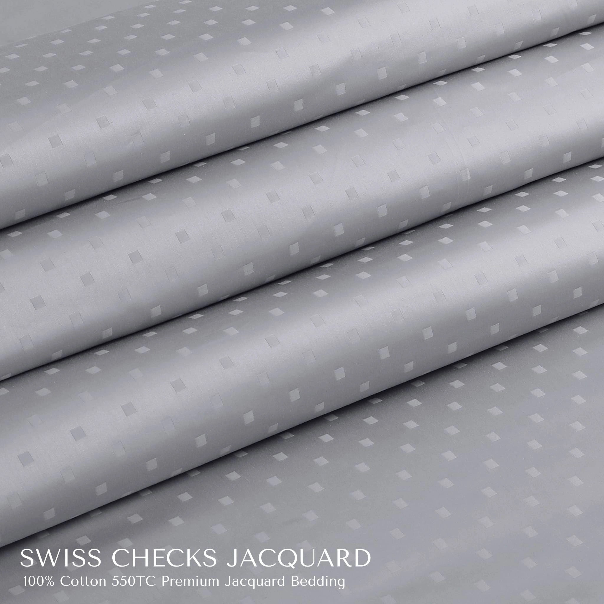 Malako Swiss Checks Jacquard Silver Grey 550 TC 100% Cotton King Size Bedding