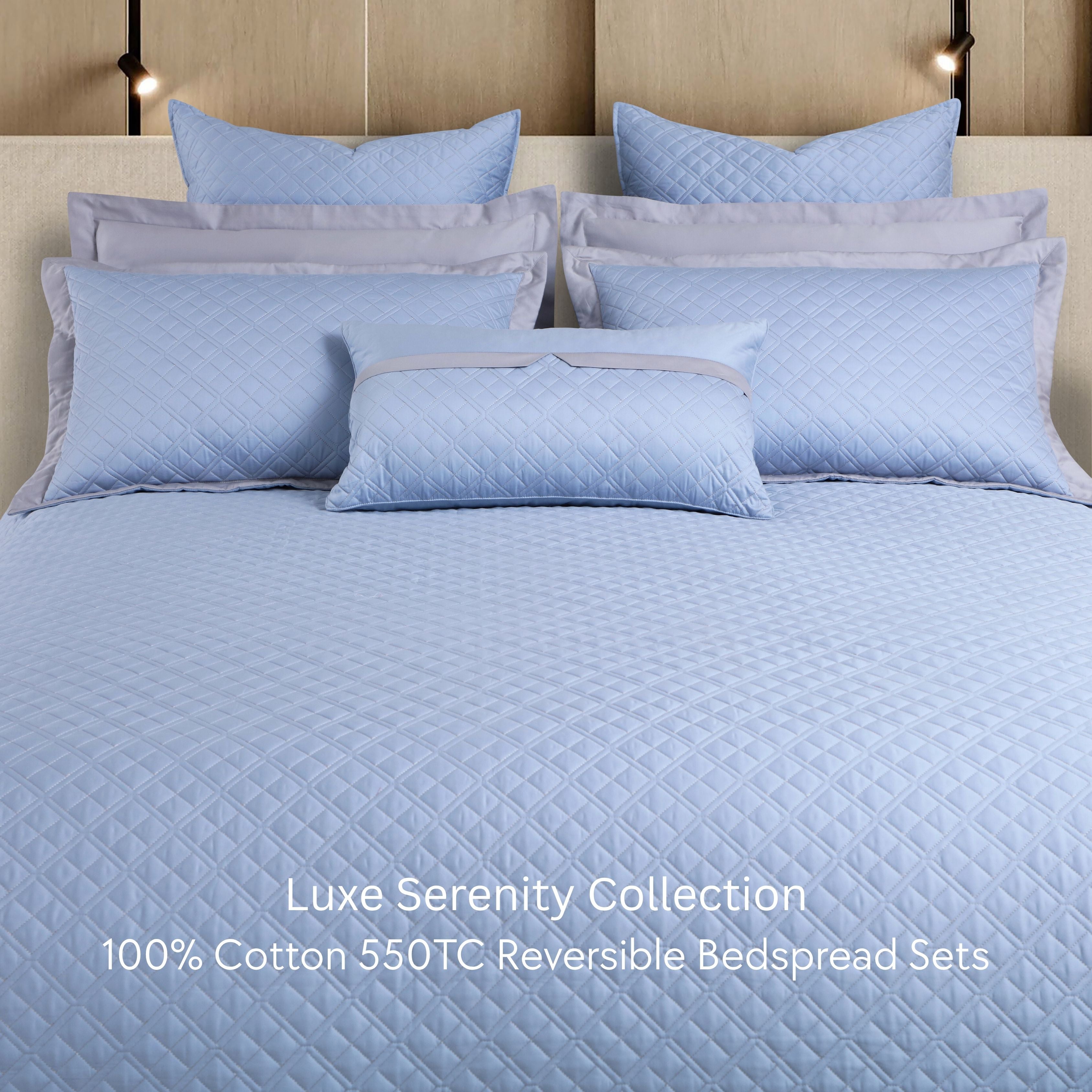 Malako Luxe: Serenity 550 TC 100% Cotton Pigeon Blue & Silver Solid King Size Reversible Bedspread Set