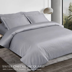 Malako Swiss Checks Jacquard Silver Grey 550 TC 100% Cotton King Size Bedding