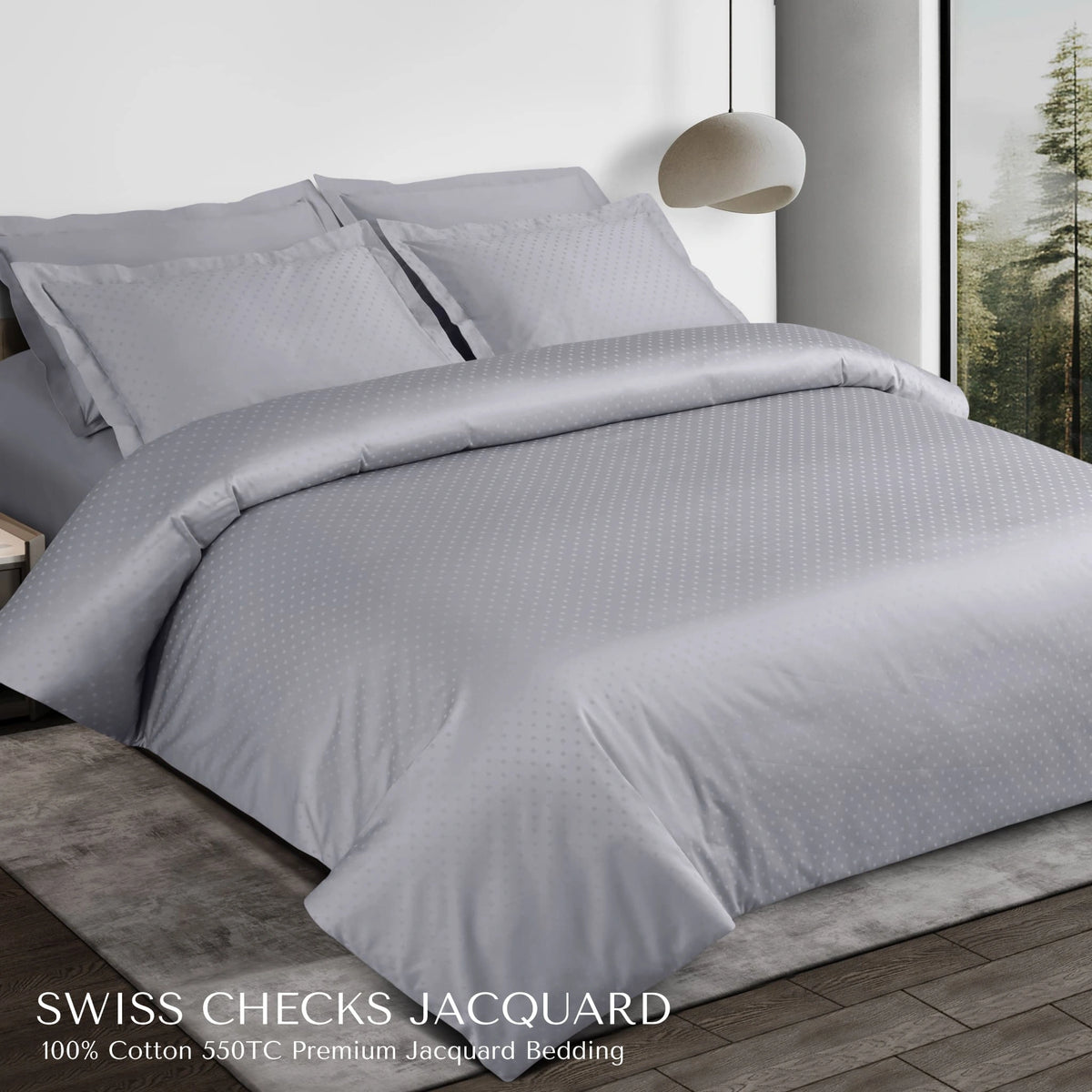 Malako Swiss Checks Jacquard Silver Grey 550 TC 100% Cotton King Size 6 Piece Bedding Set
