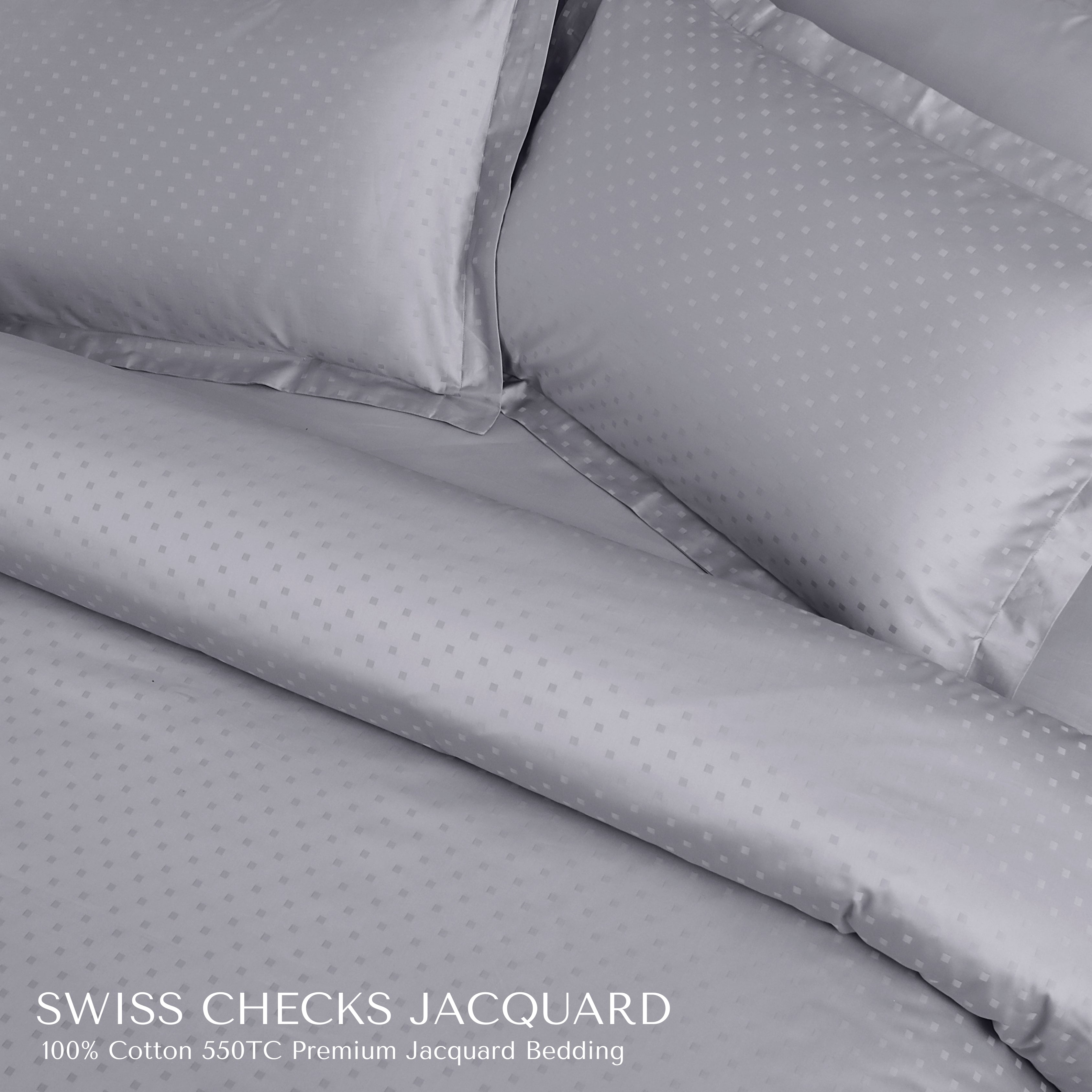 Malako Swiss Checks Jacquard Silver Grey 550 TC 100% Cotton King Size Bedding