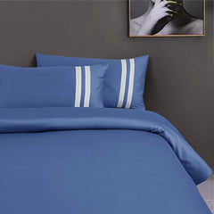 Malako Luxe 550TC 100% Cotton Midnight Blue King Size Plain Bedsheet with 2 Striped Pillow Cases