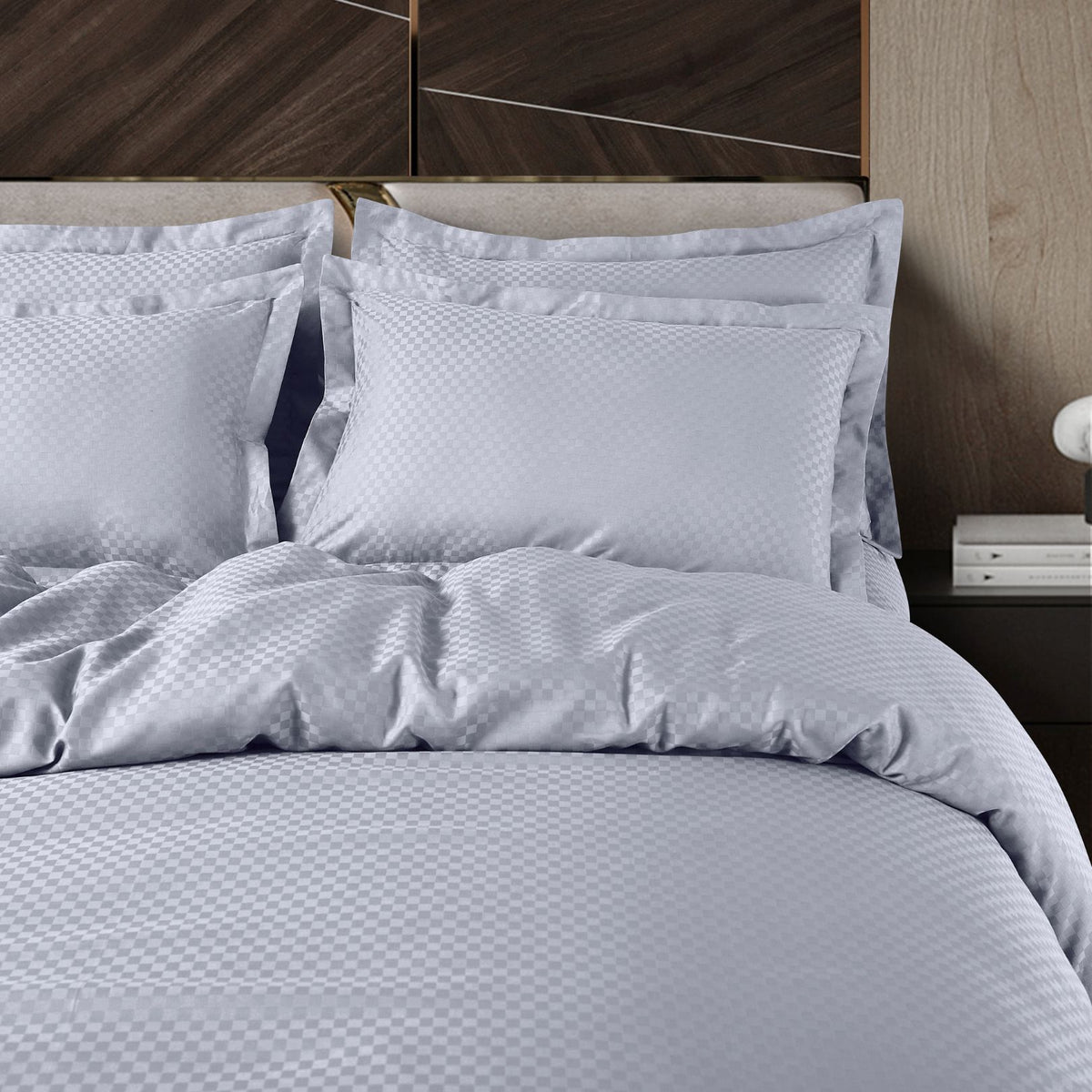 Malako Lyon Jacquard Silver Grey Checks 100% Cotton King Size 7 Piece Duvet Cover Set