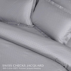 Malako Swiss Checks Jacquard Silver Grey 550 TC 100% Cotton King Size 6 Piece Bedding Set