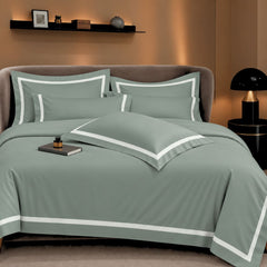 Malako Luxe Striped 550TC Olive Green 100% Cotton Super King Size Duvet Cover Set with Bedsheet and 4 Pillow Covers