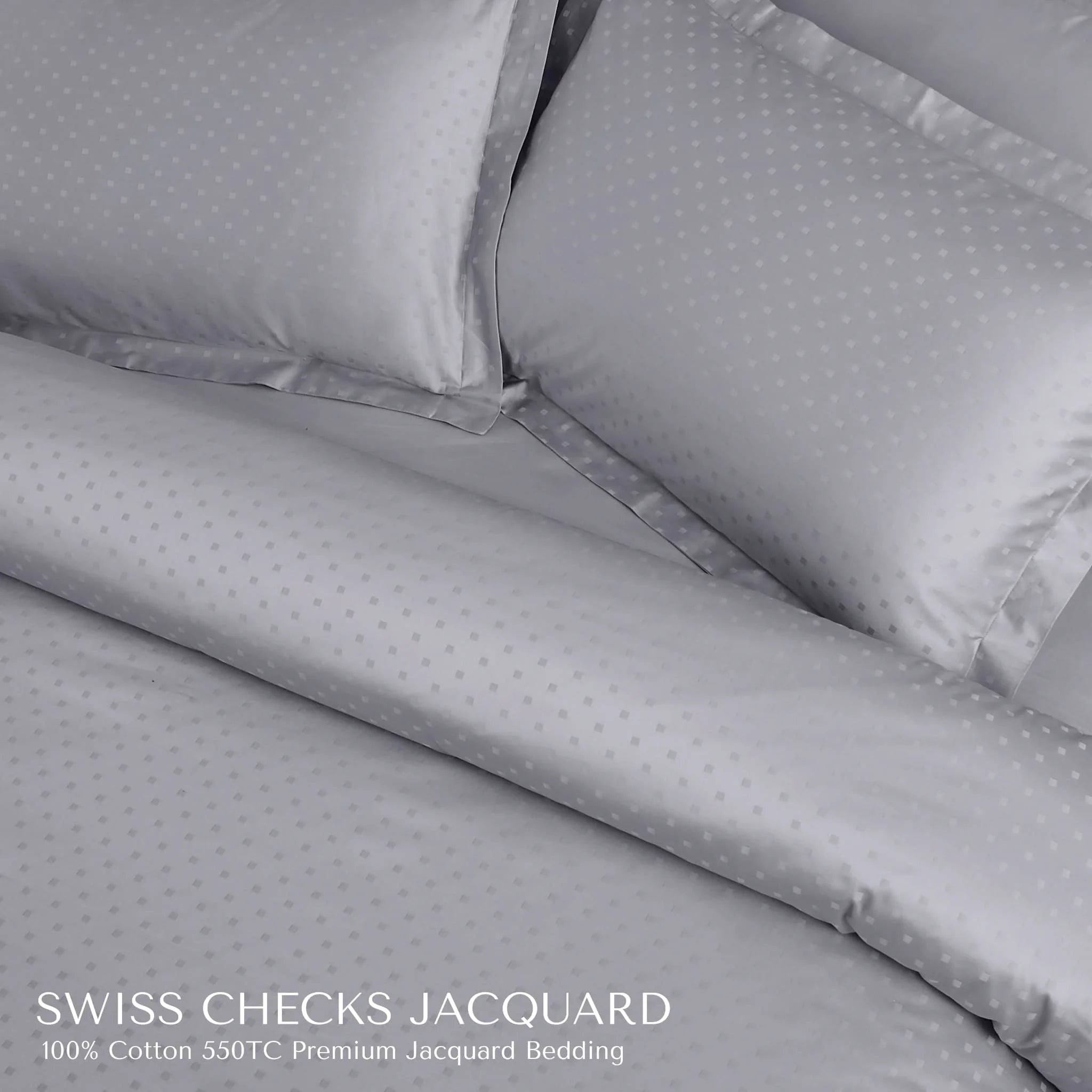 Malako Swiss Checks Jacquard Silver Grey 550 TC 100% Cotton King Size Duvet Cover Set