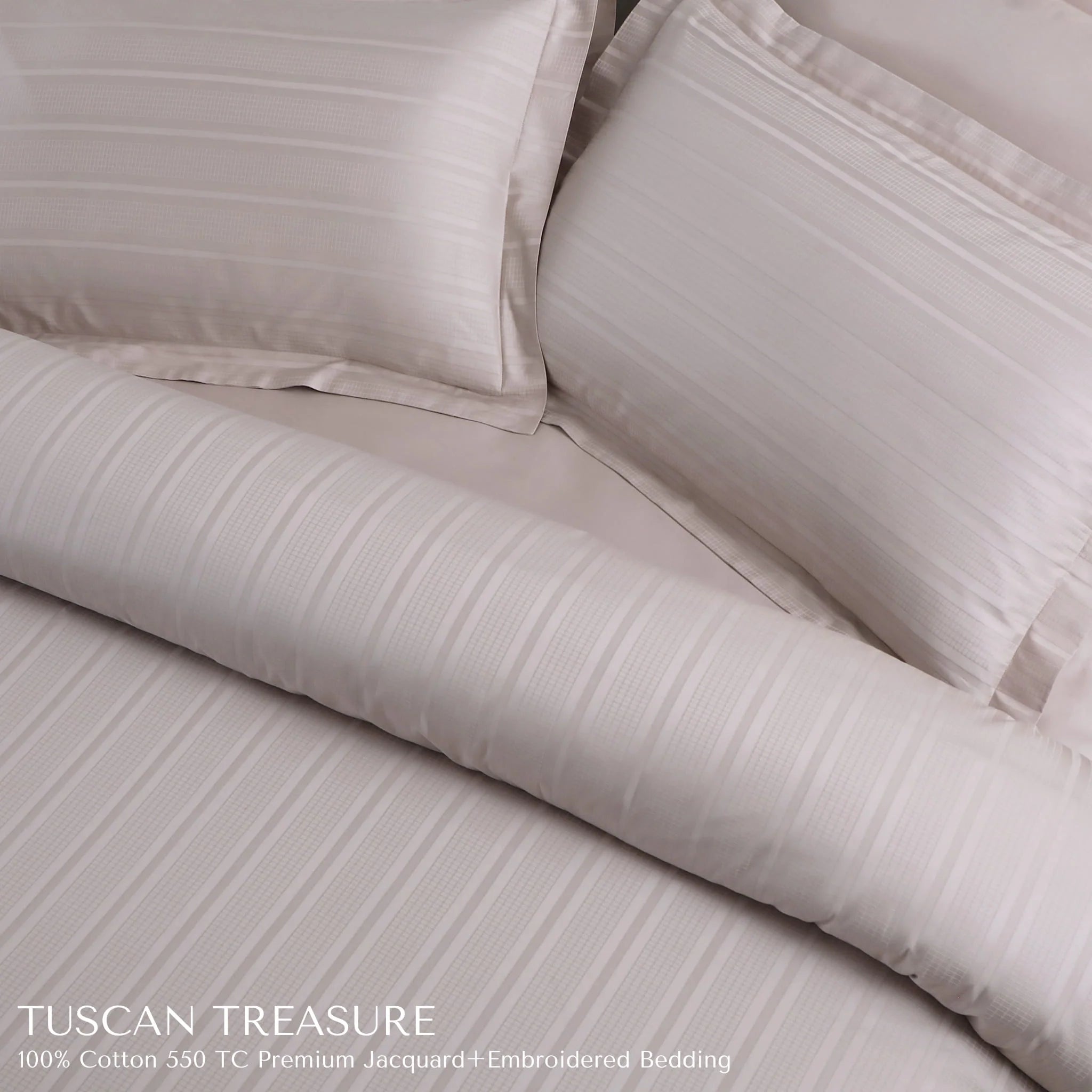 Malako Tuscan Treasure Striped Jacquard Almond Beige 550 TC 100% Cotton King Size Duvet Cover Set