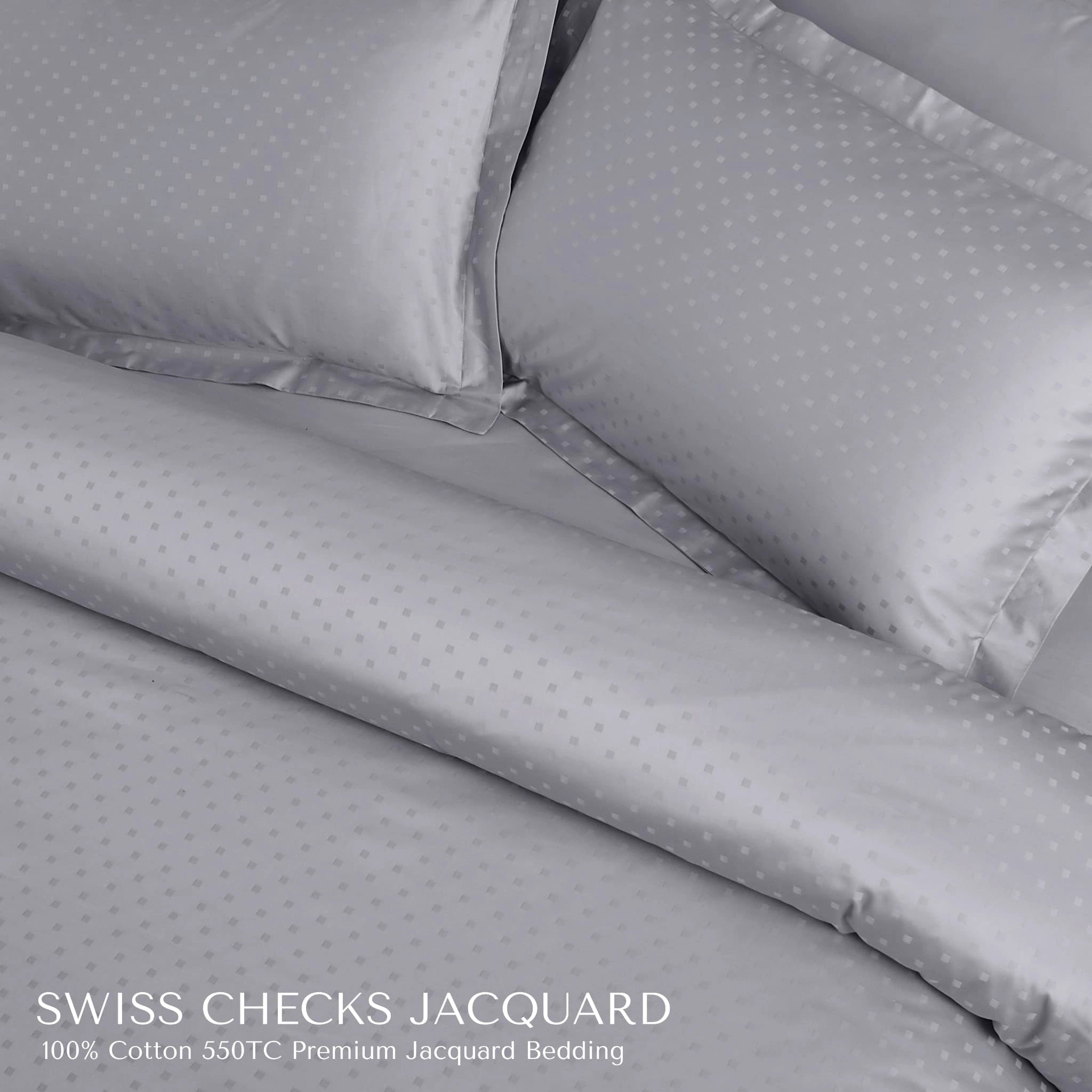 Malako Swiss Checks Jacquard Silver Grey 550 TC 100% Cotton King Size Bedding