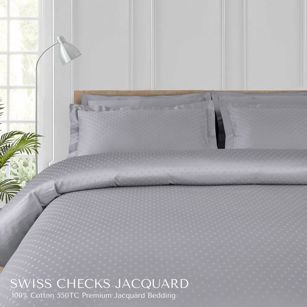 Malako Swiss Checks Jacquard Silver Grey 550 TC 100% Cotton King Size Bedding