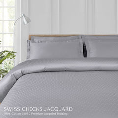 Malako Swiss Checks Jacquard Silver Grey 550 TC 100% Cotton King Size Bedding