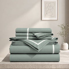 Malako Luxe Striped 550TC Olive Green 100% Cotton Super King Size Duvet Cover Set with Bedsheet and 4 Pillow Covers