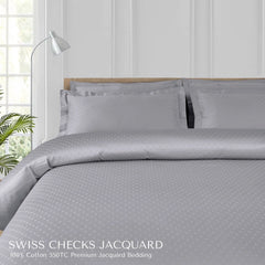 Malako Swiss Checks Jacquard Silver Grey 550 TC 100% Cotton King Size Duvet Cover Set