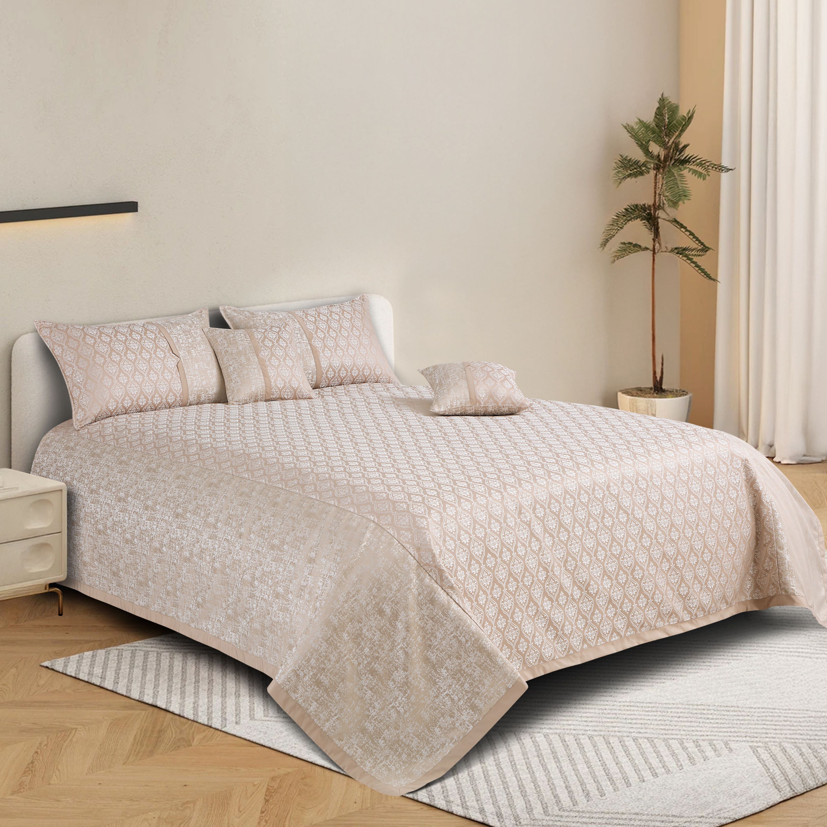 Malako Almond Beige Jacquard King Size 5 Piece Bedspread Set