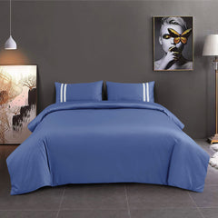 Malako Luxe 550TC 100% Cotton Midnight Blue King Size Plain Bedsheet with 2 Striped Pillow Cases