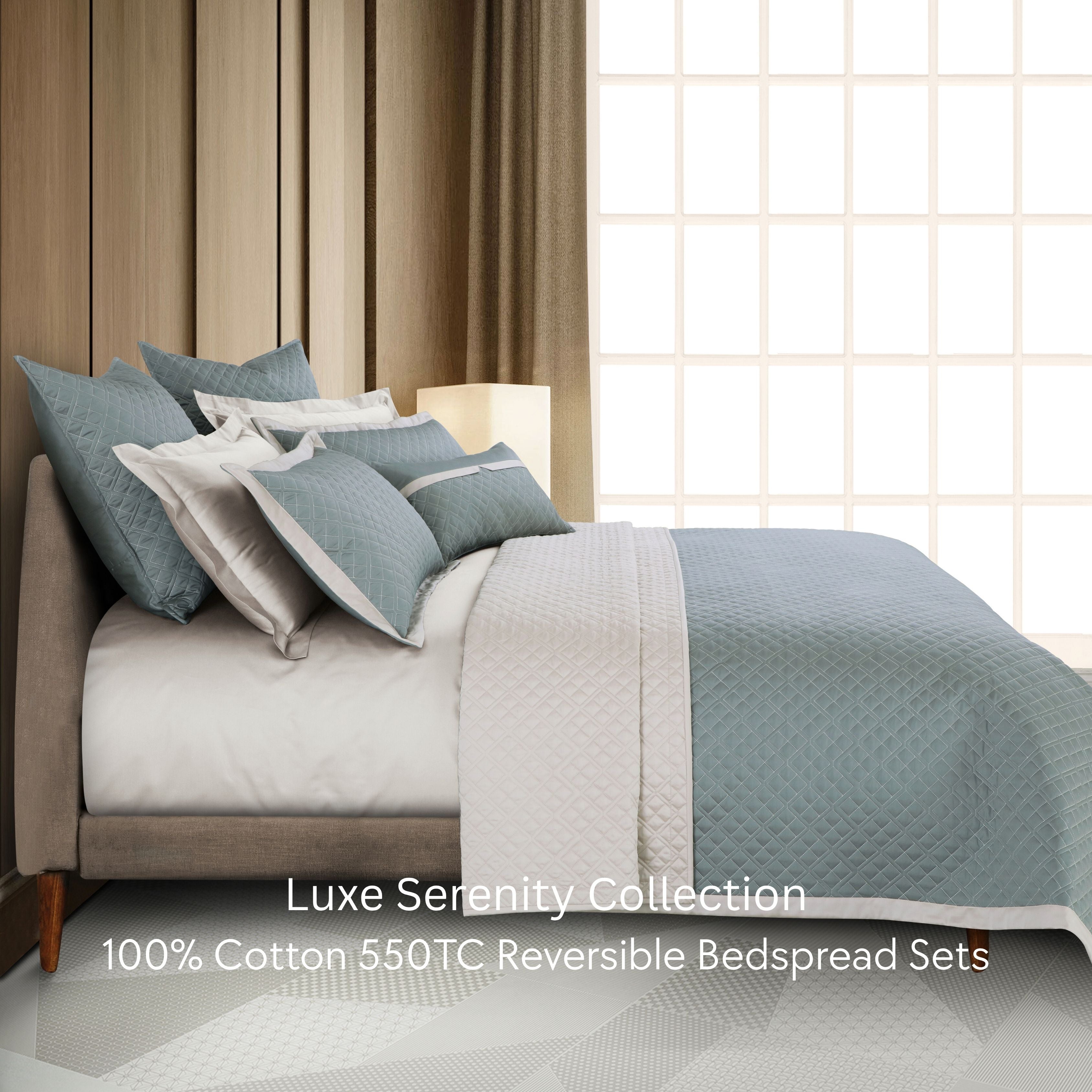 Malako Luxe: Serenity 550 TC 100% Cotton Olive Green & Beige Solid King Size Reversible Bedspread Set