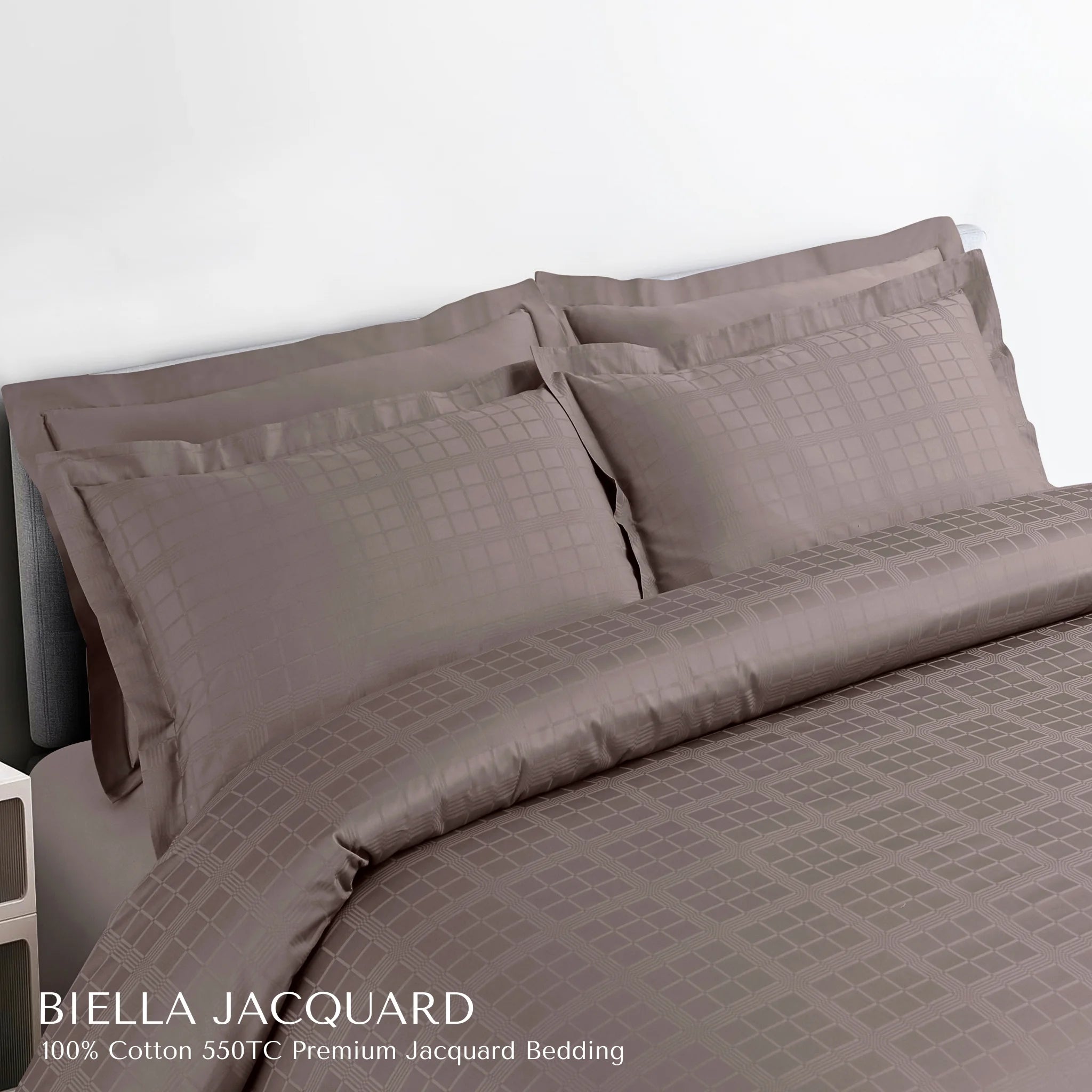 Malako Biella Jacquard Taupe Brown Checks 550 TC 100% Cotton King Size Bedding