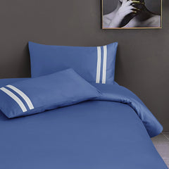 Malako Luxe 550TC 100% Cotton Midnight Blue King Size Plain Bedsheet with 2 Striped Pillow Cases