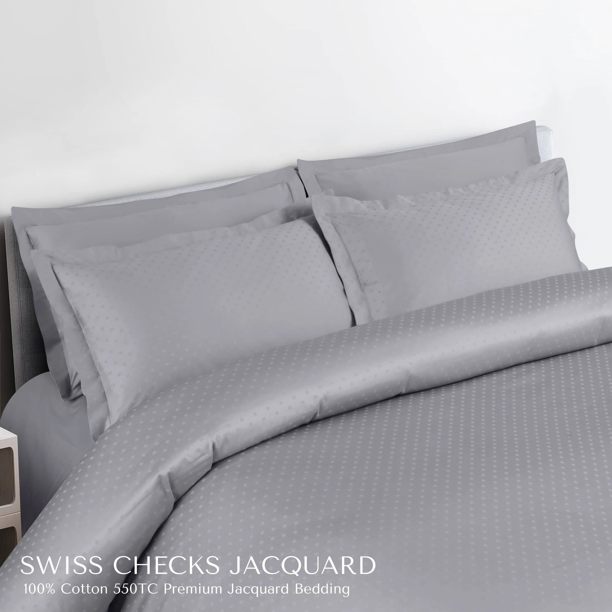 Malako Swiss Checks Jacquard Silver Grey 550 TC 100% Cotton King Size Bedding