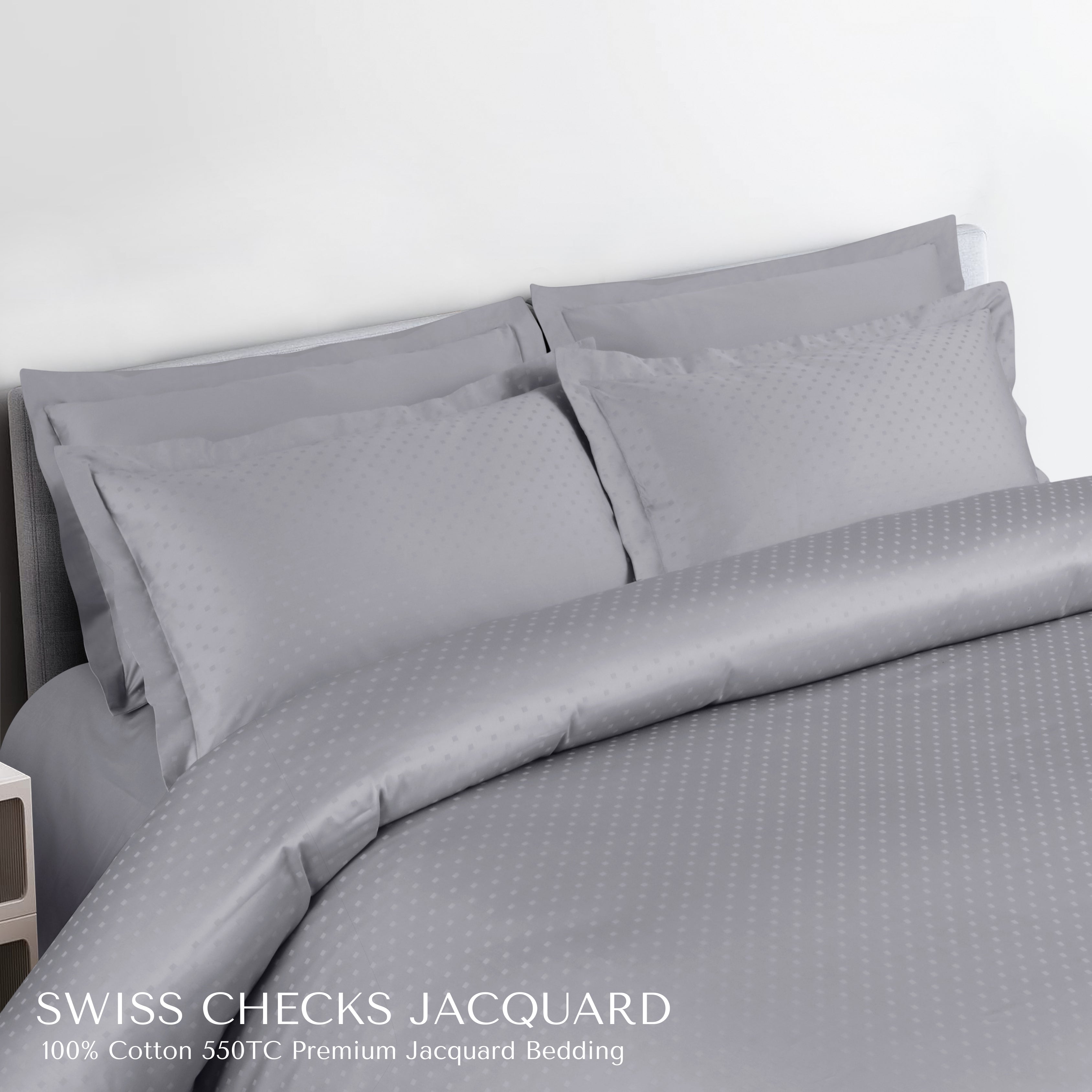 Malako Swiss Checks Jacquard Silver Grey 550 TC 100% Cotton King Size Bedding
