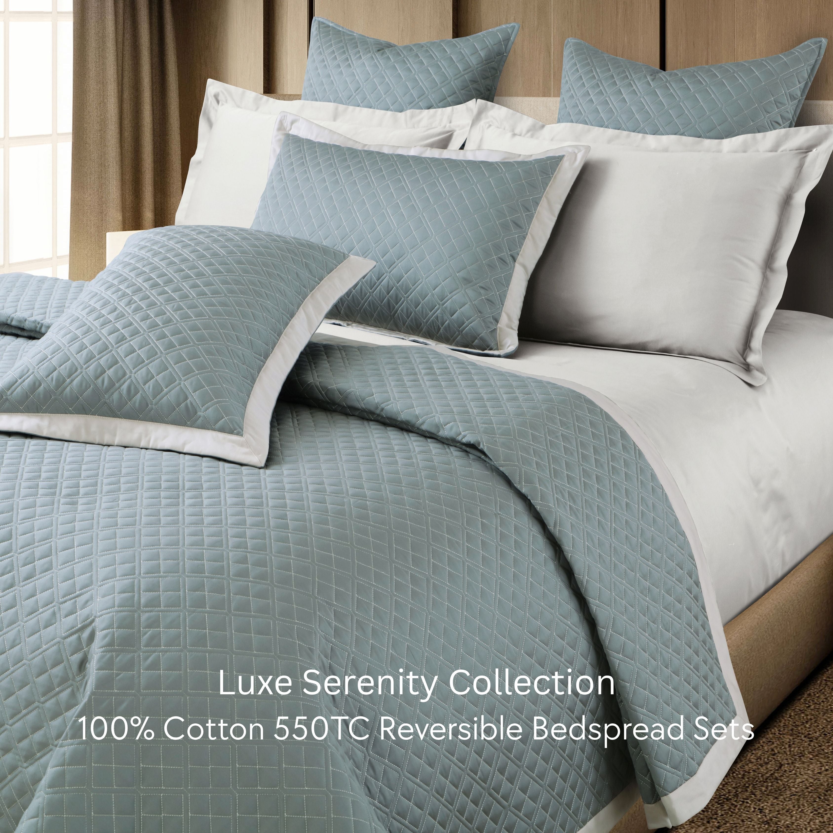 Malako Luxe: Serenity 550 TC 100% Cotton Olive Green & Beige Solid King Size Reversible Bedspread Set